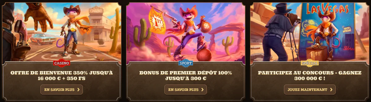 Lizaro Casino : offres promotionnelles avec un bonus de bienvenue jusqu'à 16 000 € et 350 tours gratuits, un bonus sportif de 100 % jusqu'à 300 € et un concours doté de 300 000 €